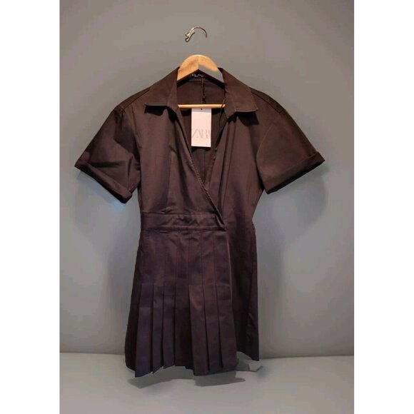 New Zara Black Short Sleeve Pleated Wrap Dress XS Dark Academia  Fairygrunge - Picture 1 of 9
